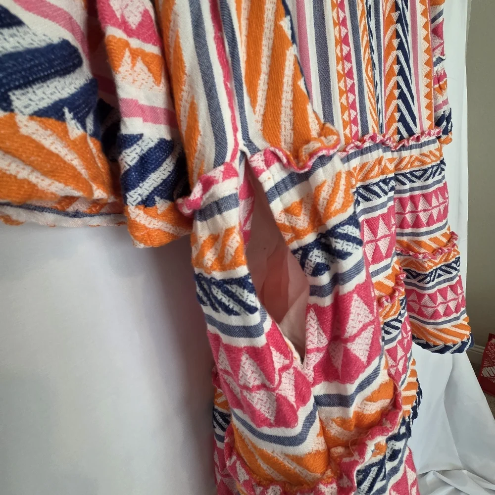 Boho Chic Woven Ruffle Sleeve Trapeze Ella Tunic Mini Dress Large - Picture 4 of 14